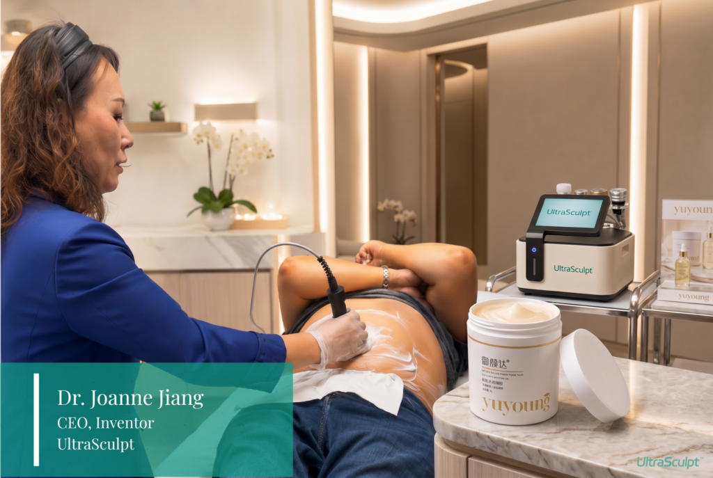Dr. Joanne Jiang performing an UltraSculpt abdominal treatment using the patented ultrasound device and miRNA serum in a clinical spa setting.