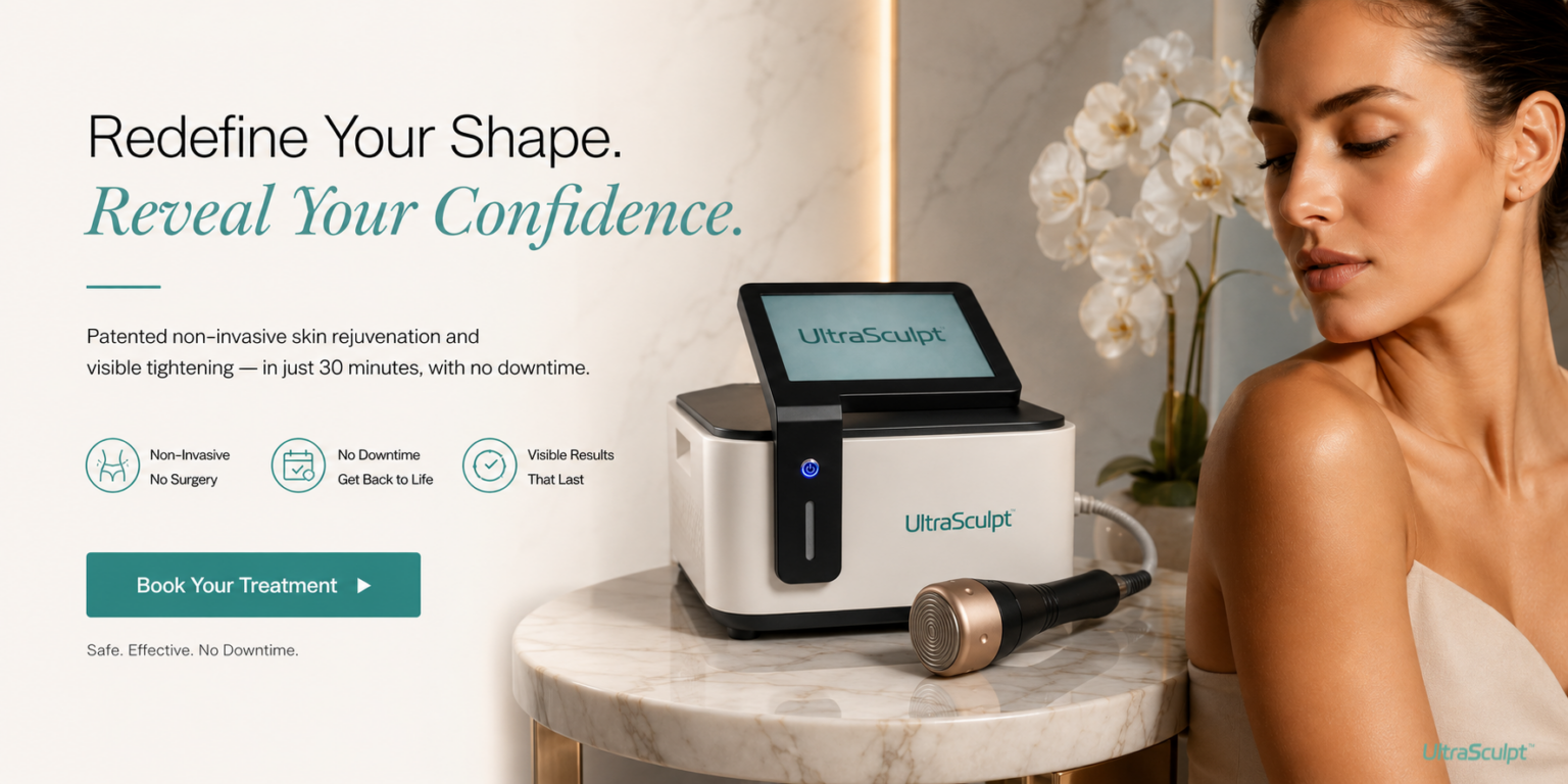 UltraSculpt device and applicator on a marble pedestal with white orchids, next to a model showcasing skin tightening results.