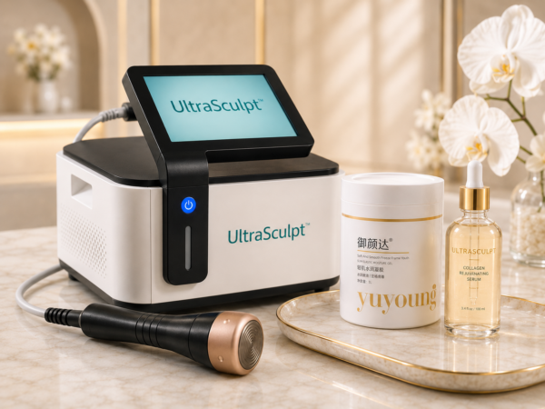 UltraSculpt skin tightening and rejuvenation device with treatment applicator, collagen rejuvenating serum, and professional moisturizing gel displayed in a luxury spa setting.
