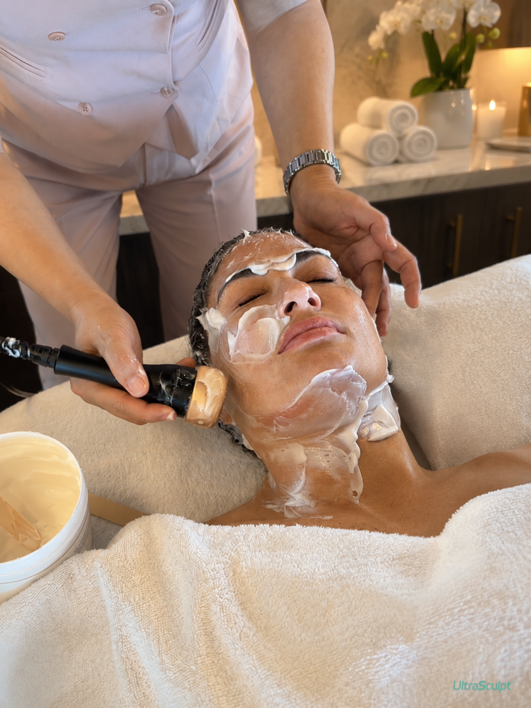 UltraSculpt treatment being performed by Dr. Joanne Jiang on a client, showing the application of the microRNA cream with the Ultrasculpt device in a serene spa setting.