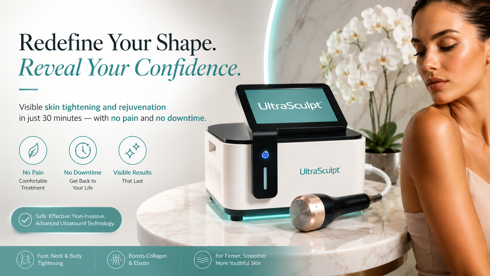 UltraSculpt device for visible skin tightening and rejuvenation with no pain and no downtime