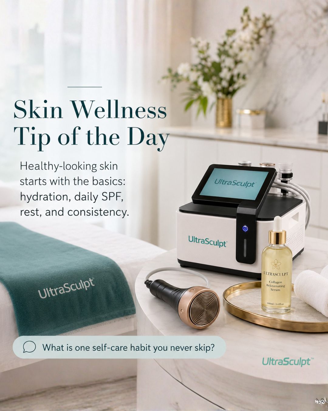 UltraSculpt device and collagen rejuvenating serum displayed in a luxury treatment room with a skin wellness tip.