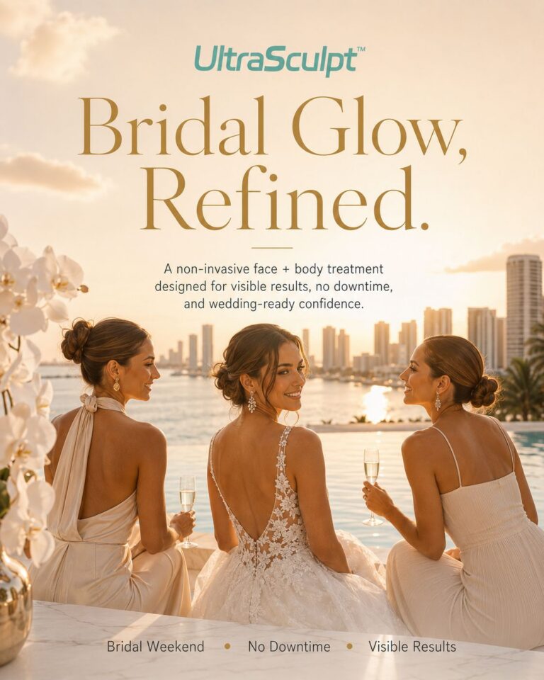 Three brides in elegant dresses by the water at sunset, highlighting smooth skin and refined contours, representing UltraSculpt non-invasive face and body treatments.