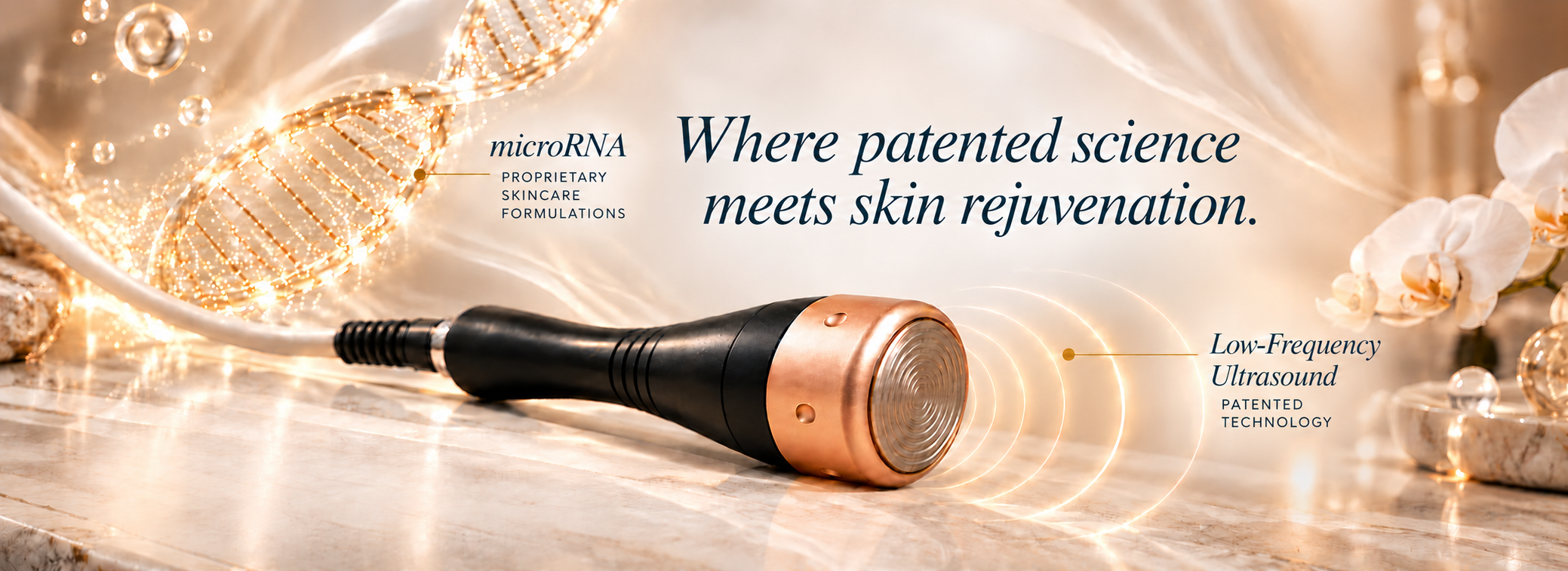 UltraSculpt applicator with low-frequency ultrasound and microRNA skincare labels in a warm gold science illustration.