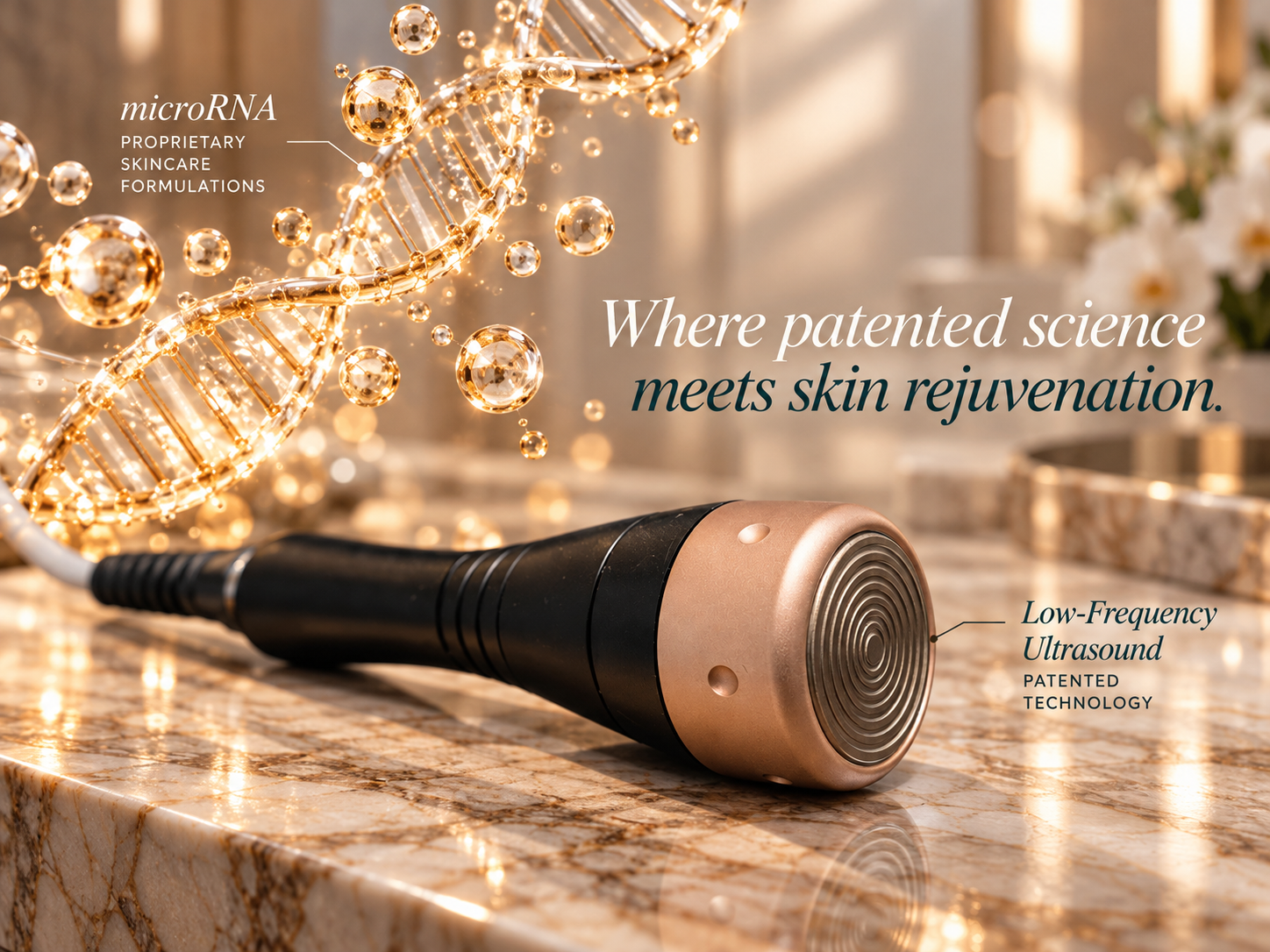 UltraSculpt applicator with microRNA skincare and low-frequency ultrasound labels in a gold science illustration