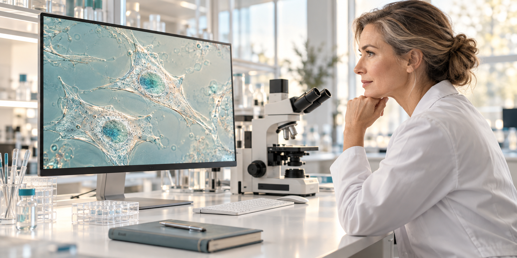 Illustrative laboratory scene with a researcher examining conceptual cell imagery; not a photograph of the cited study