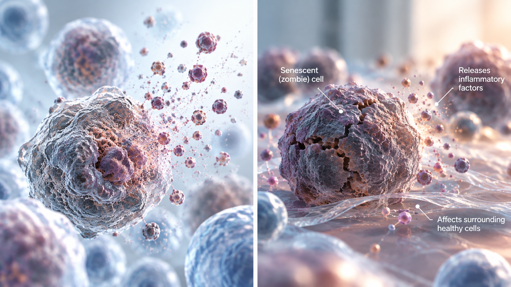 Conceptual illustration of a senescent cell releasing inflammatory signals