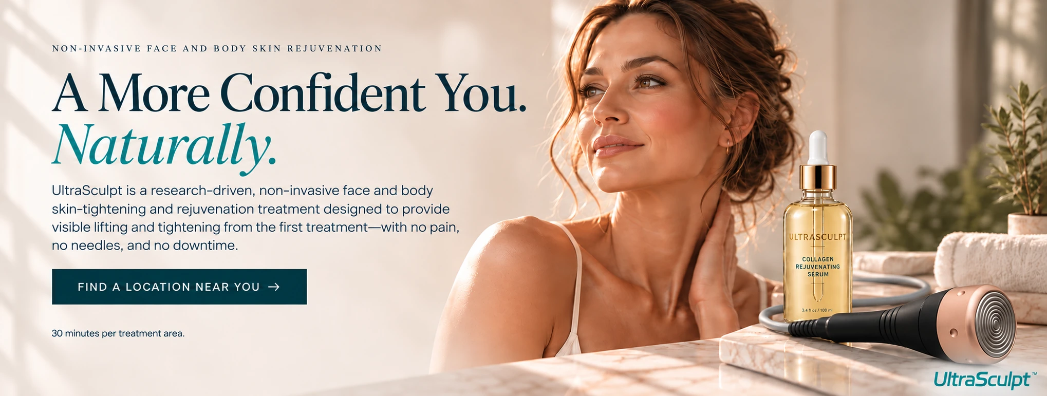 UltraSculpt homepage artwork with Sofia, collagen rejuvenating serum and applicator