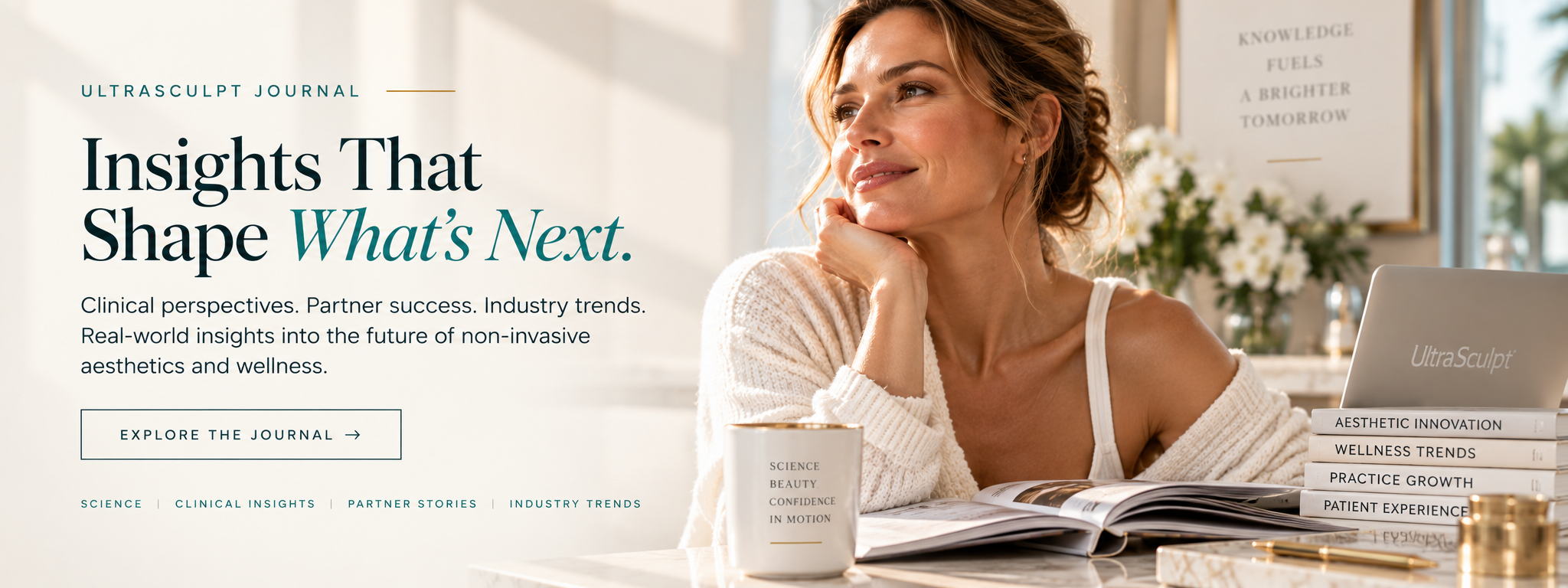 UltraSculpt Journal. Insights That Shape What’s Next. Sofia, the UltraSculpt muse, reading in a warm ivory setting.